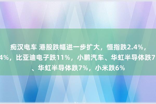 痴汉电车 港股跌幅进一步扩大，恒指跌2.4%，恒生科技跌超4%，比亚迪电子跌11%，小鹏汽车、华虹半导体跌7%，小米跌6%